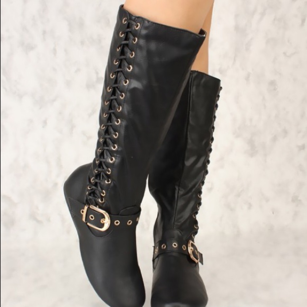 5⭐️BLACK Lace Up Mid-Calf Round Flat Boots- Shoe